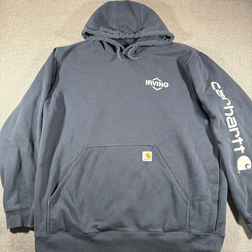 Carhartt Hoodie Mens XL Navy Blue Loose Fit Graphic Sleeve Irving Logo K288